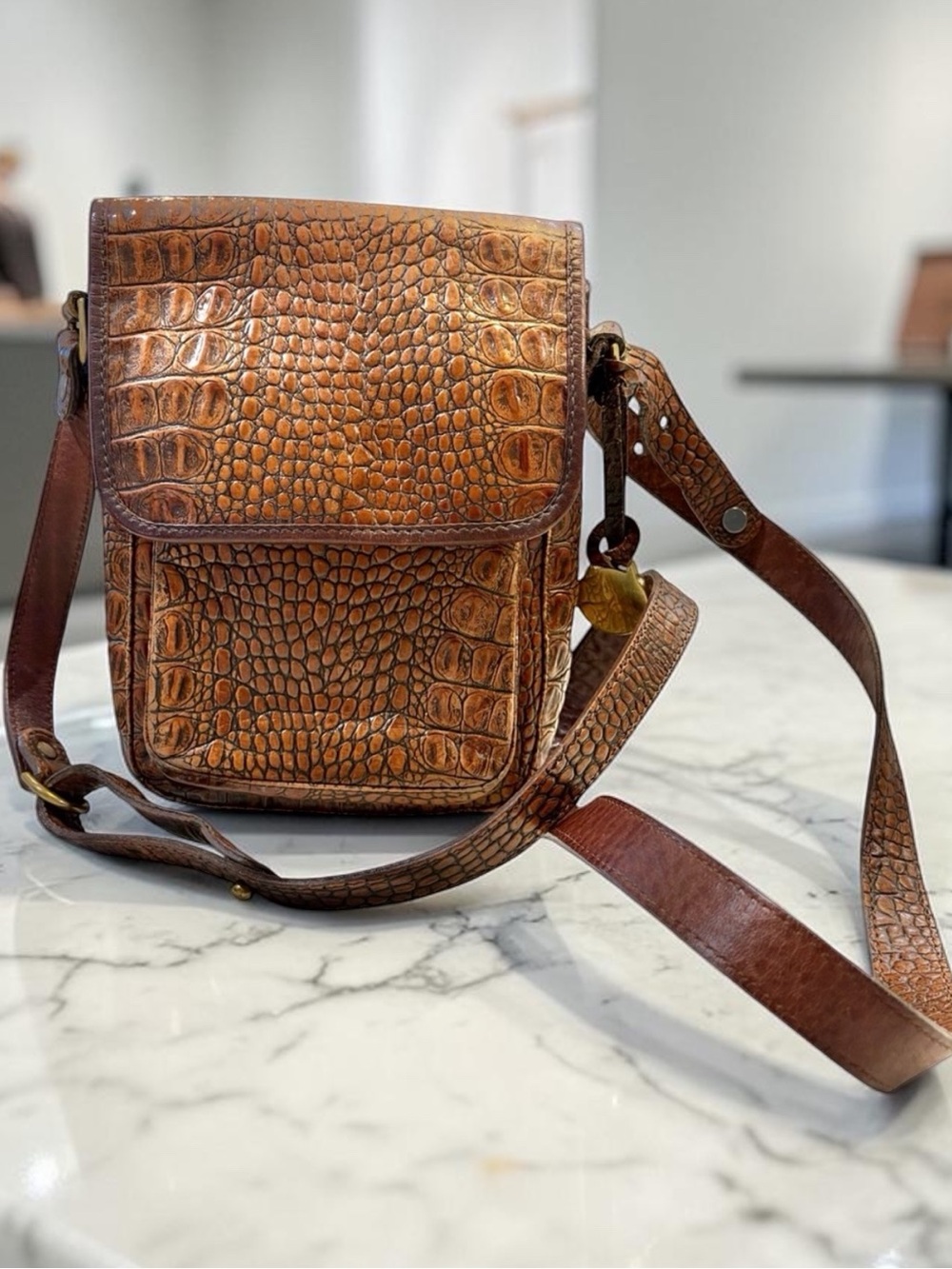 Vintage Brahmin Brown Croc-Embossed Leather Flap North South Crossbody Bag